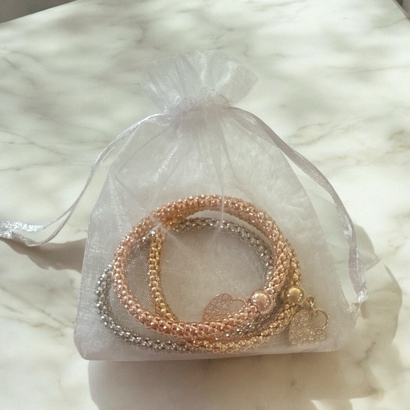 Designer Inspired Mesh Stretch Bracelet Set w/ Crystal Heart Charm Tri-Color Set - Picture 6 of 6